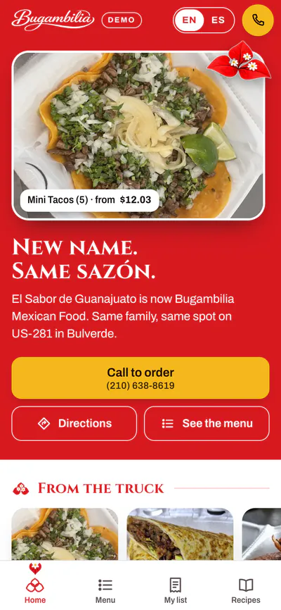 Bugambilia Mexican Food app on a phone: New name. Same sazón.