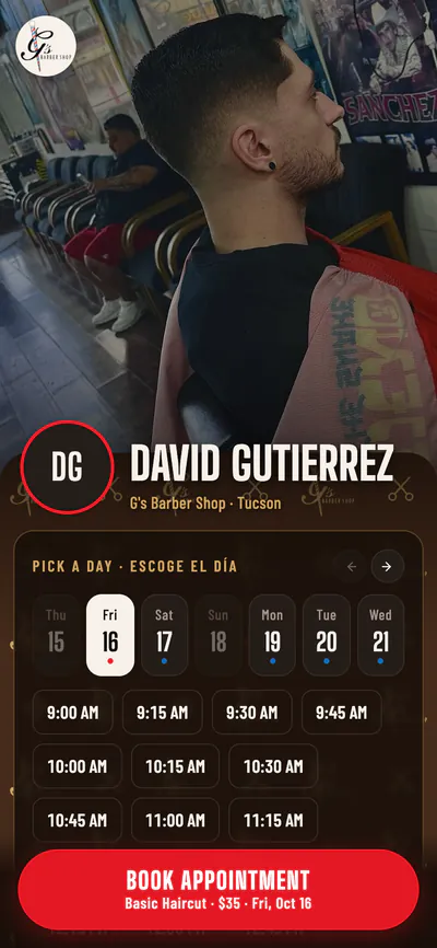 Online booking for G’s Barber Shop on a phone, built by Tech & Payments