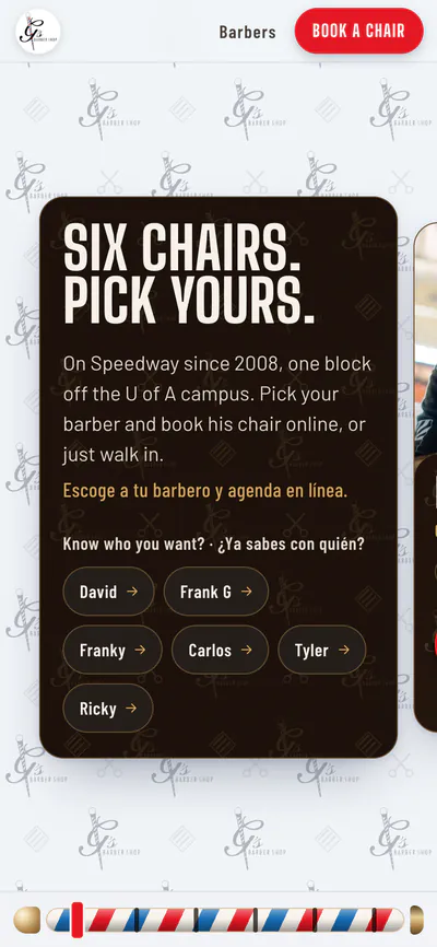 G’s Barber Shop website on a phone: Six chairs. Pick yours.