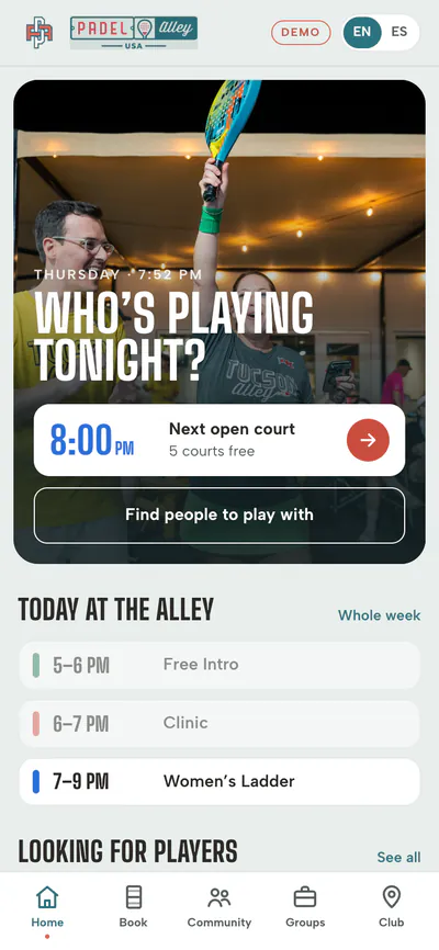 Padel Alley app on a phone showing the next open court time and today’s sessions