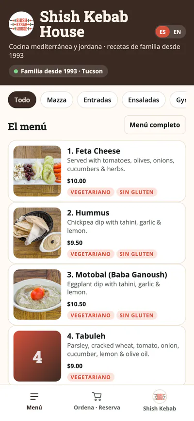 Shish Kebab House app on a phone showing the menu with photos and prices